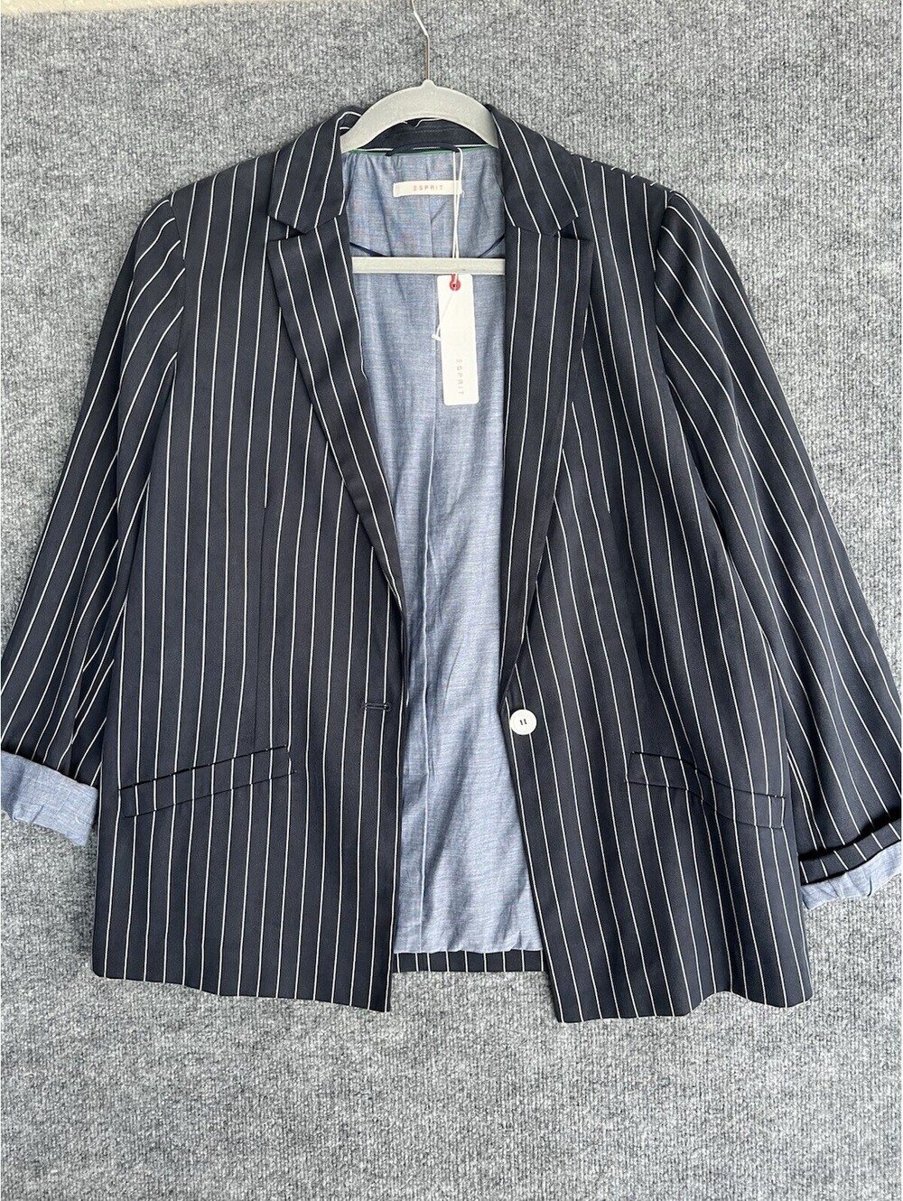 New Esprit Linen Blazer Womens Size Large Navy Blue Oversized Collar Lagen Look